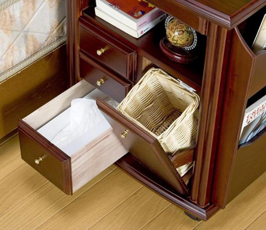 天然木製ベッドサイドテーブル／ゴミ箱付 スライドテーブル