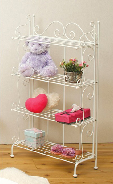 シャビーシックな棚 4段シェルフ 折りたたみ式 アイアン＆ウッド