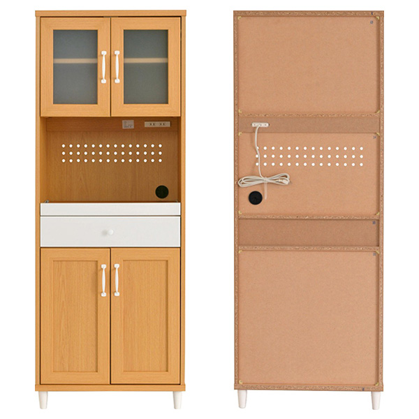 木目調 食器棚 幅60cm 高さ160cm 2口コンセント付 キッチンボード 