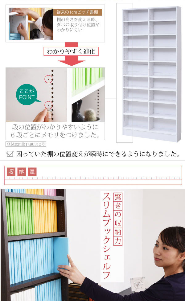 薄型 本棚 幅81cm 棚板 1cmピッチ 可動棚16枚 ブックシェルフ コミック ...