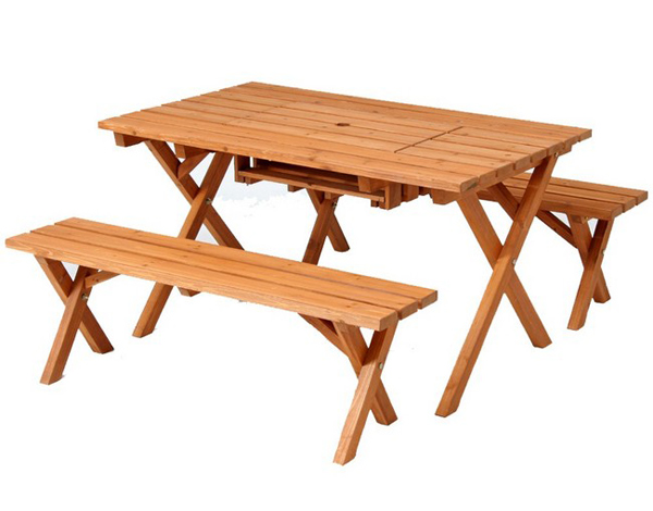 天然木 ガーデンテーブル ベンチ 2脚 セット ガーデンファニチャー BBQテーブル コンロスペース付