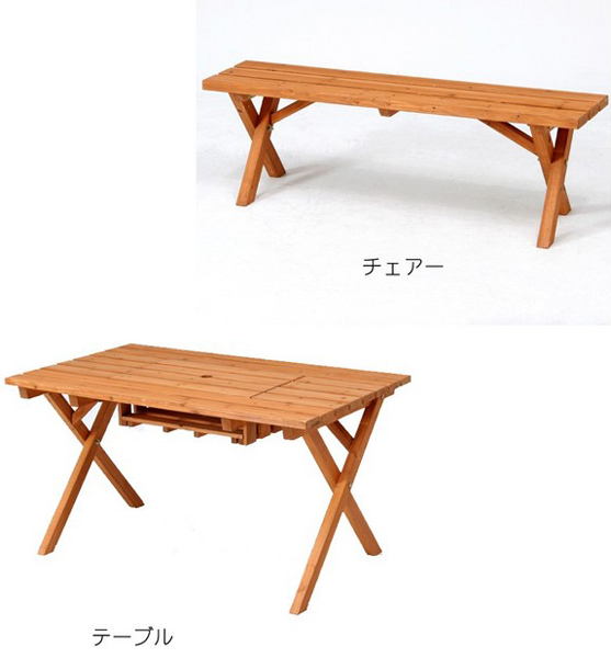 天然木 ガーデンテーブル ベンチ 2脚 セット ガーデンファニチャー BBQテーブル コンロスペース付